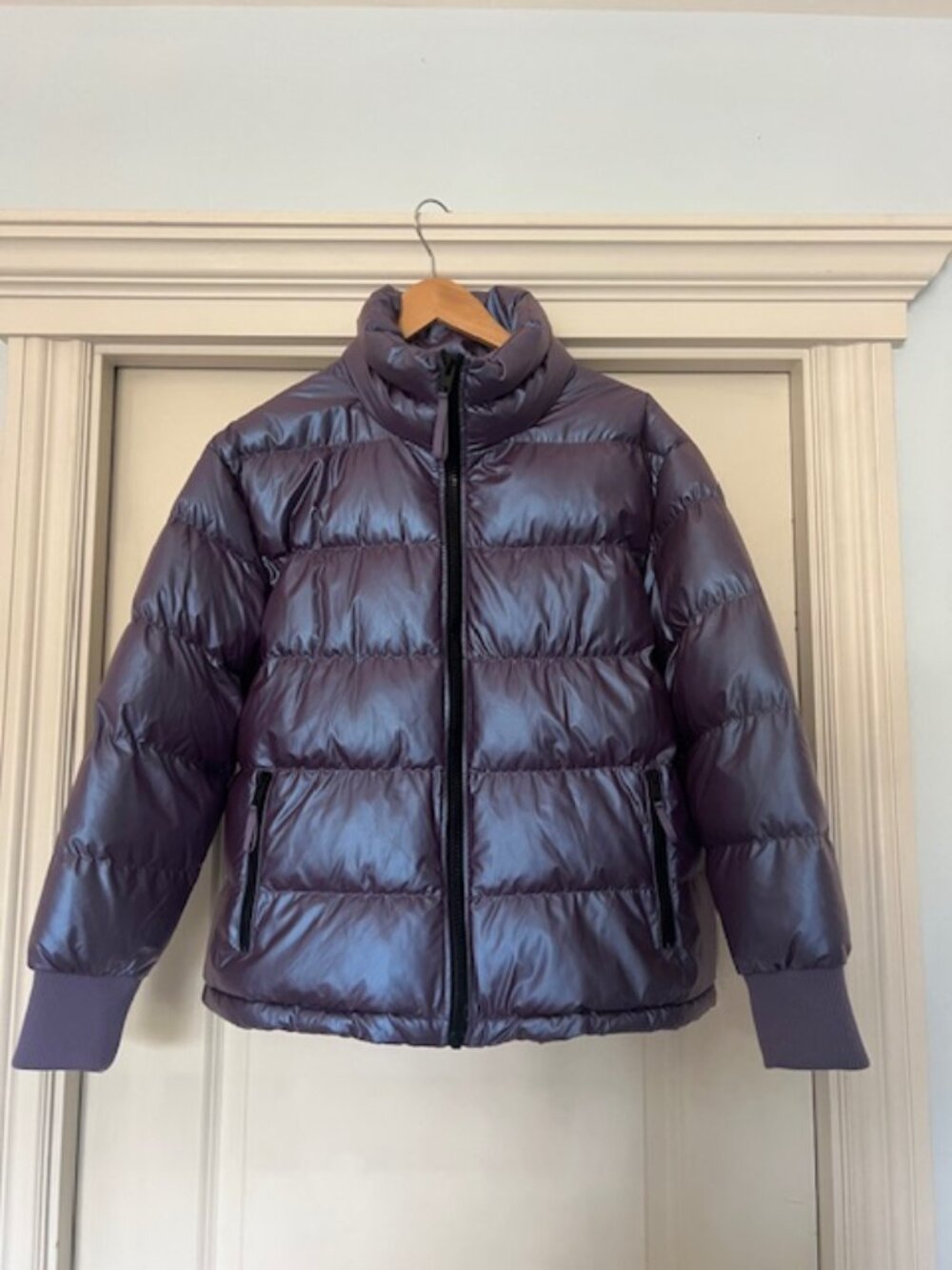 purple iridescent puffer jacket